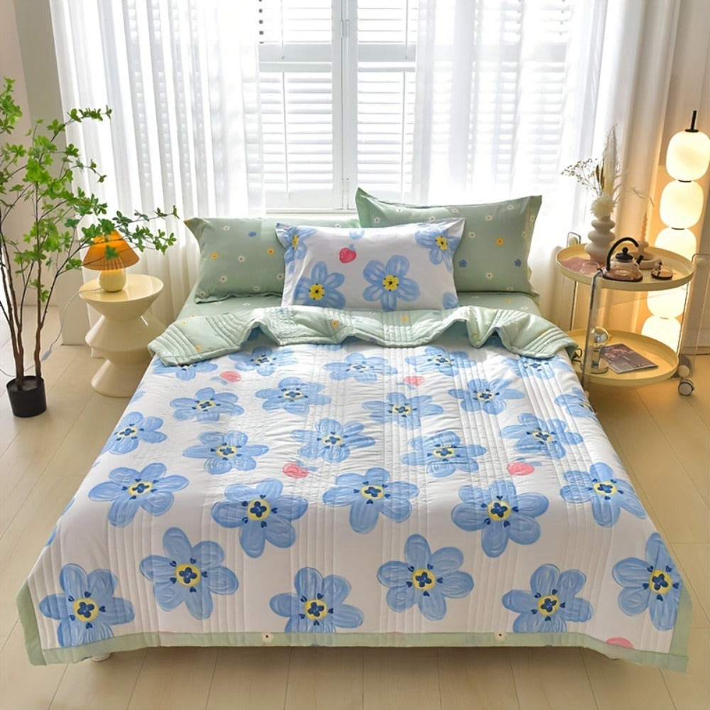 Floral Three-Piece Thin Quilt Set with Two Pillowcases, Twin to King Sizes and Three Printed Styles