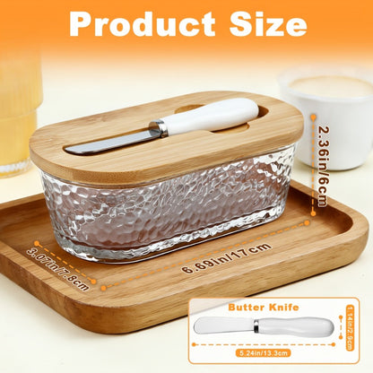 280 ml Ribbed Glass Butter Dish with Bamboo Lid, White-Handle Knife and Stripe-Pattern Checkout Option