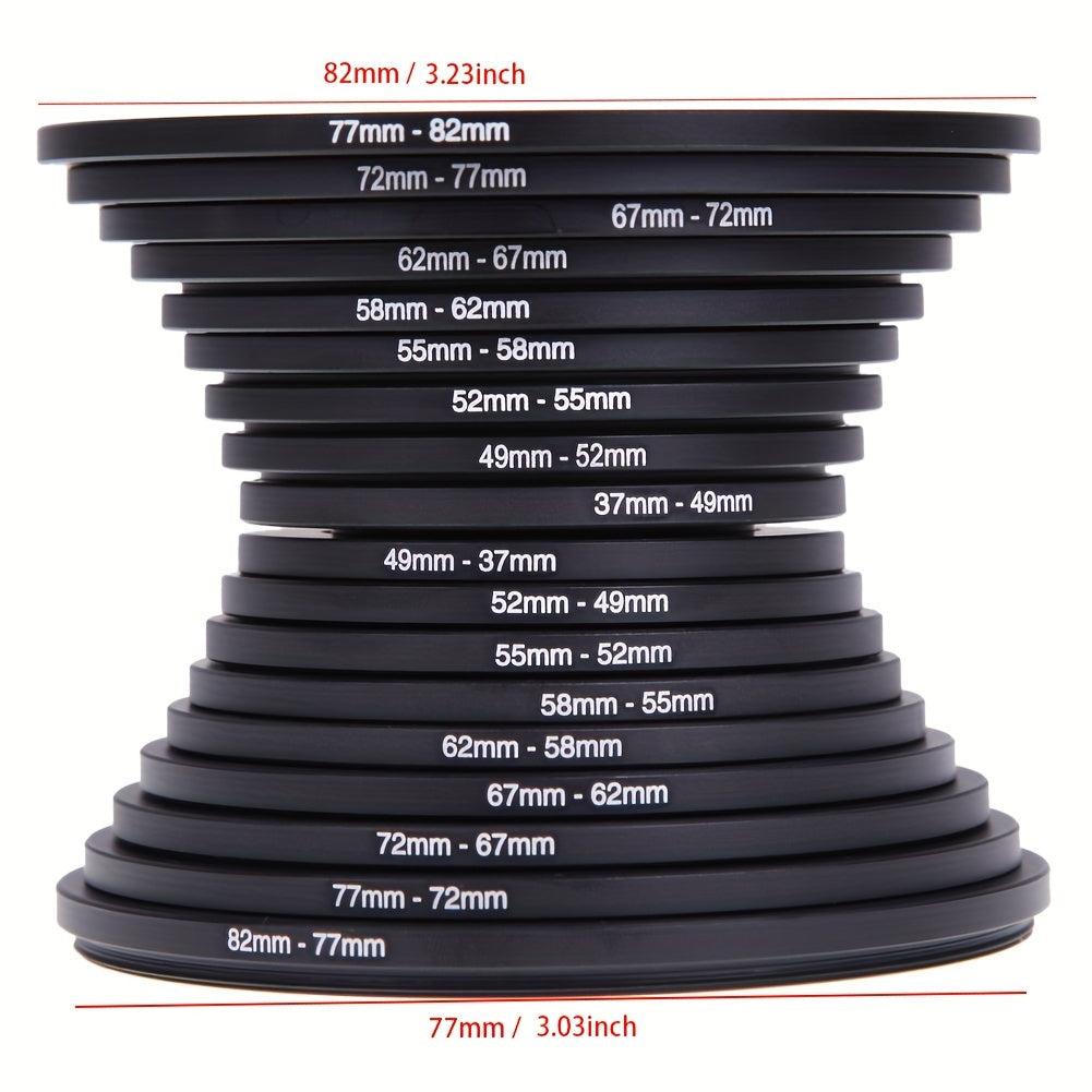 18-Piece Step-Up and Step-Down Lens Filter Adapter Ring Set Covering 37–82 mm Thread Sizes