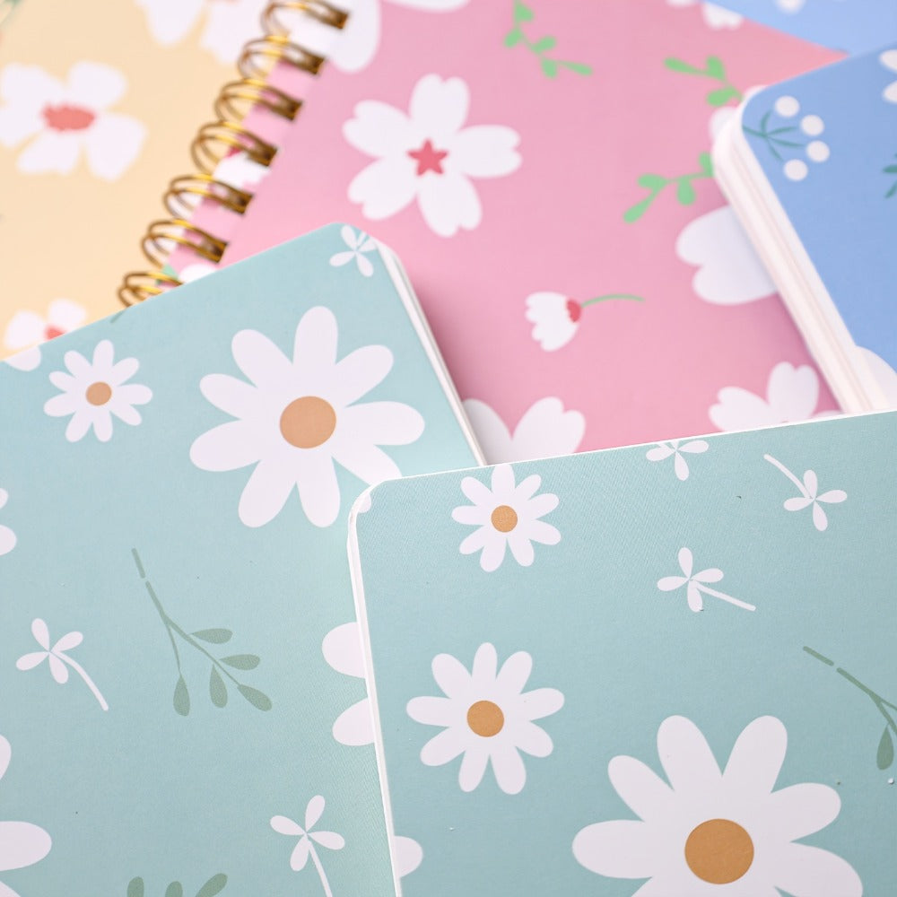 Eight-Pack A6 Floral Spiral Notebooks with Four Designs, Ruled Pages and Tear-Off Binding Pictured