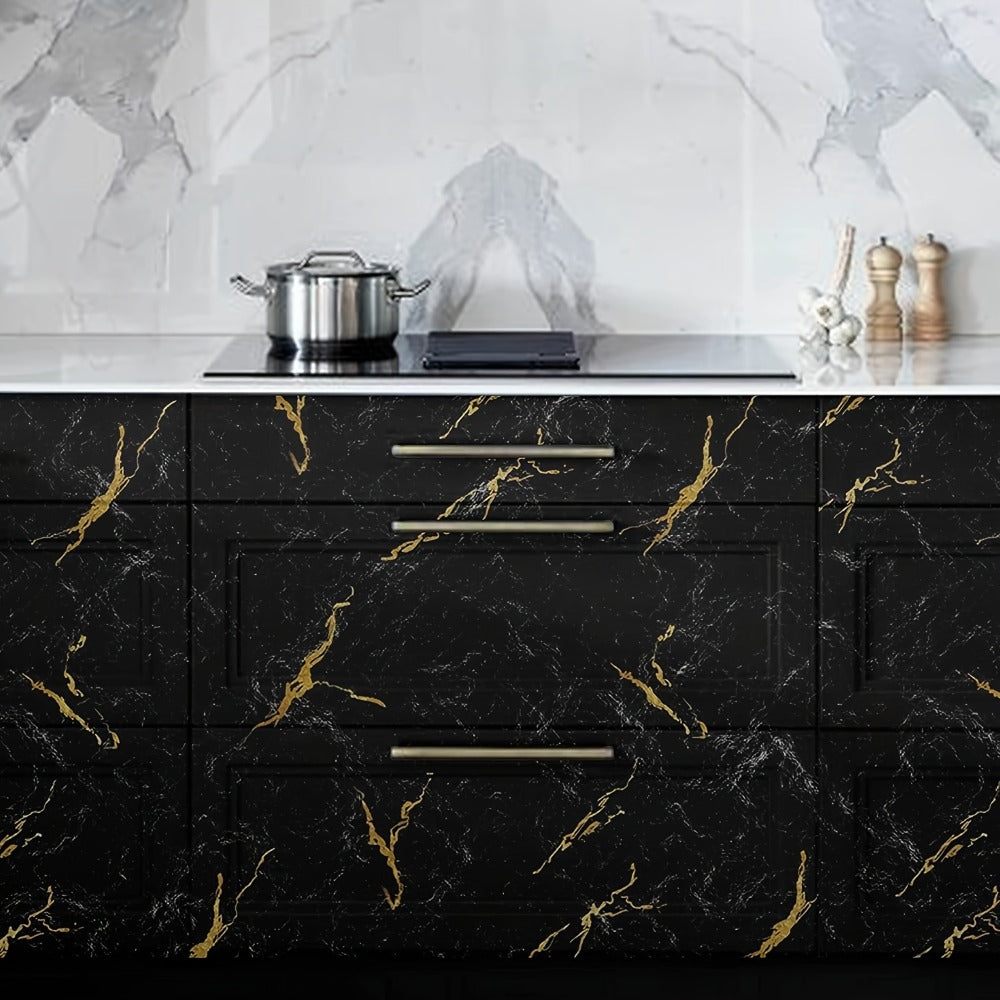Black Marble Peel-and-Stick Contact Paper, 23.62 by 196.85 Inches, with Gold Vein Pattern for Furniture