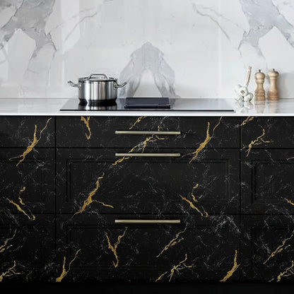 Black Marble Peel-and-Stick Contact Paper, 23.62 by 196.85 Inches, with Gold Vein Pattern for Furniture