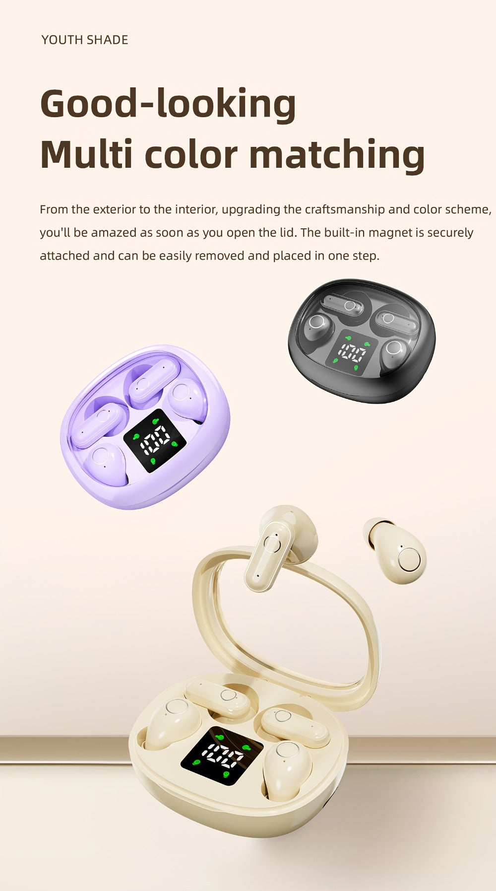 Four-Earbud Wireless Set with Two In-Ear Styles, Digital Charging Case and Three Color Options