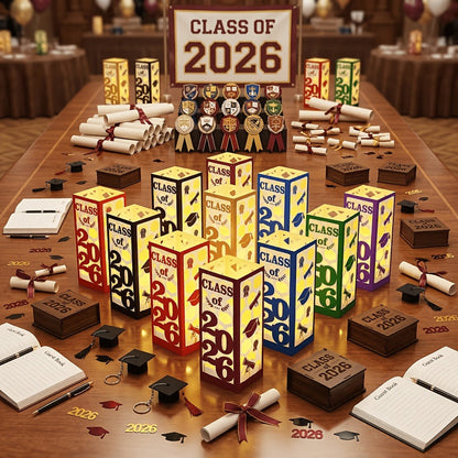 Graduation Centerpiece Set 6pcs Class of 2026 – Decorative Lantern Box Table Decorations for High School & College Graduation Party, Photo Booth Props, Party Kit in Red Blue Green Purple Maroon