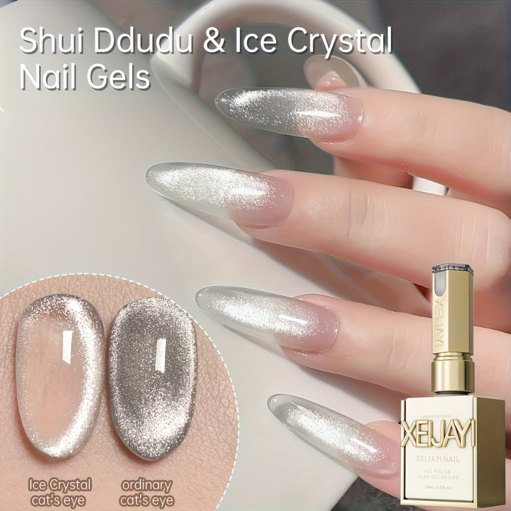 Two-Piece Cat Eye Gel Polish Set with Water Dudu and Ice Crystal Colors in Photo-Frame Bottles