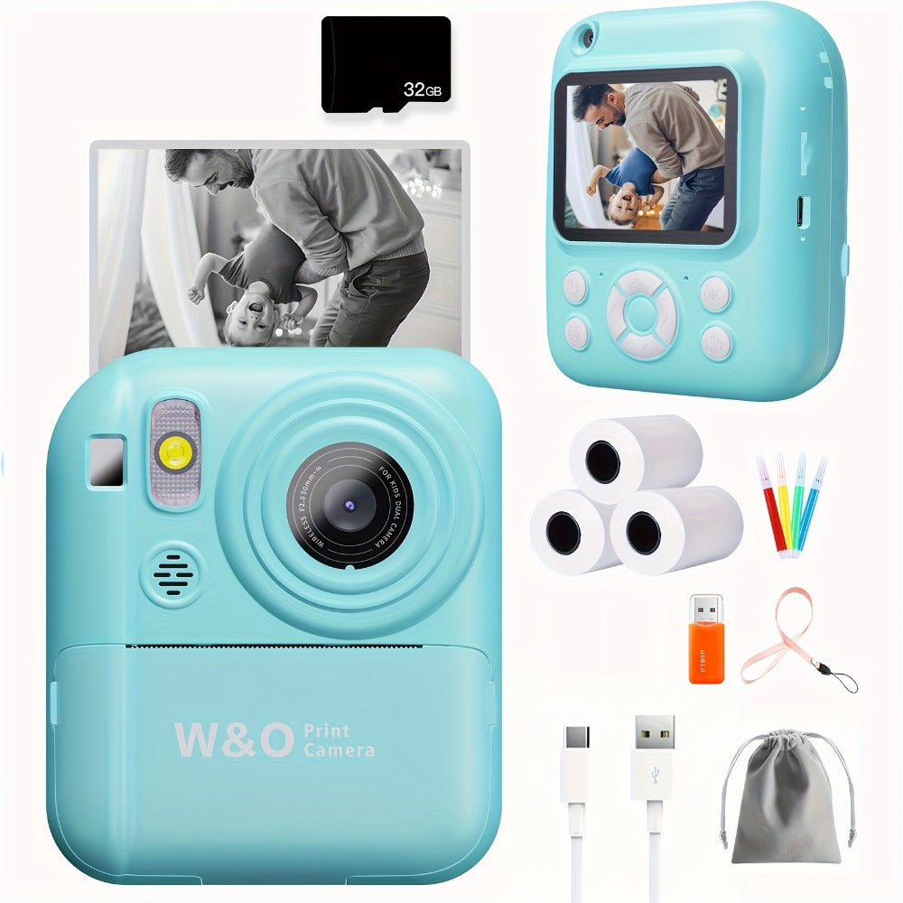 Instant Print Camera for Kids 48MP with Print Paper 32G TF Card 1080P FHD Video Flash MP4 Puzzle Game Cartoon Mini Digital Camera Printer Ages 6+ Birthday Christmas Gift