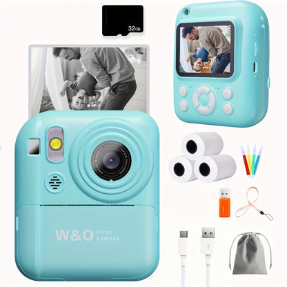 Instant Print Camera for Kids 48MP with Print Paper 32G TF Card 1080P FHD Video Flash MP4 Puzzle Game Cartoon Mini Digital Camera Printer Ages 6+ Birthday Christmas Gift