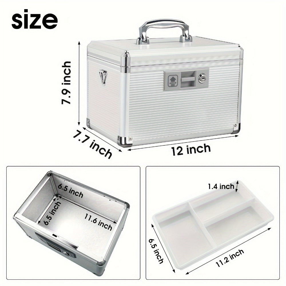 Aluminum Alloy Lockable Medicine Box – Double Layer Large Capacity Storage Box with Key Lock, Handle & Tray for Medicines, Documents & Valuables, 10"/12"/14"/16" Home Security Box