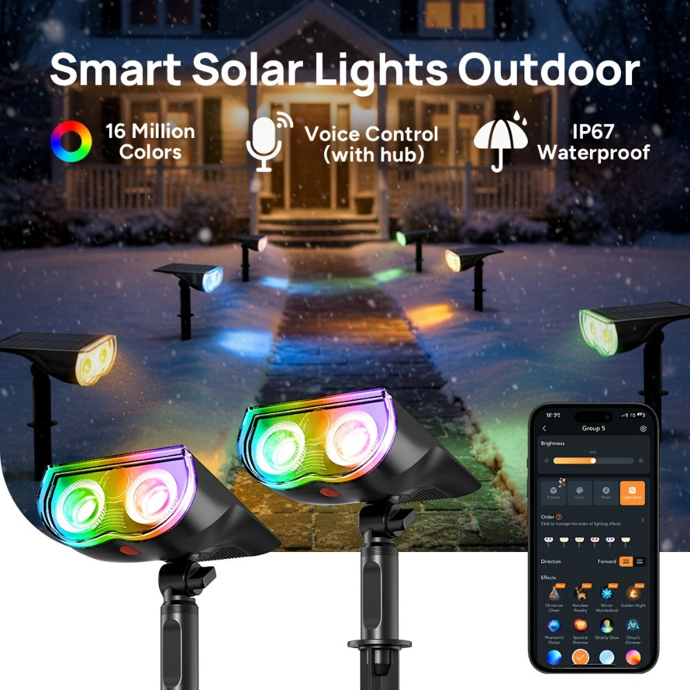 Solar Outdoor Spotlights RGB Smart Color Changing – App & Voice Control, Music Sync, 16M Colors, 14H Battery, Waterproof Landscape Accent Lights | 4 & 6 Pack