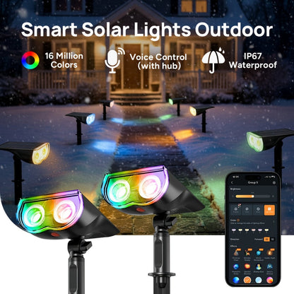 Solar Outdoor Spotlights RGB Smart Color Changing – App & Voice Control, Music Sync, 16M Colors, 14H Battery, Waterproof Landscape Accent Lights | 4 & 6 Pack