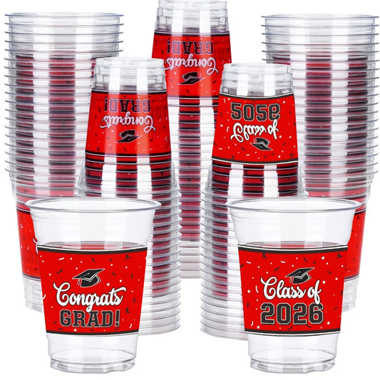 Graduation Plastic Mugs 100 Pack 14oz – 2026 Graduation Party Cups in Black Red Blue Green Purple Maroon for Graduation Ceremony, Reception, Celebration & School Color Party Drinkware Bulk
