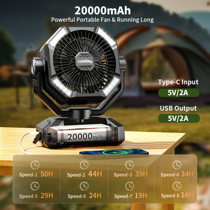 Camping Fan 20000mAh Dual Motor High-Velocity, 8-Speed Remote Control with 4 LED Lanterns and Tent Hook, Portable Outdoor Fan for Camping, Power Outages, Construction Sites and Emergency Use
