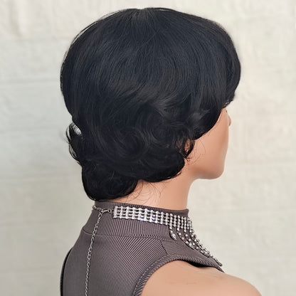 Pixie Cut Human Hair Wig with Bangs in 1B or Number 4 Color and 6 or 8 Inch Length Options