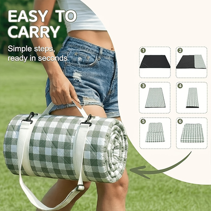 Green Plaid Roll-Up Picnic Blanket with Padded Layers and Carry Straps, 80 x 80in Outdoor Mat