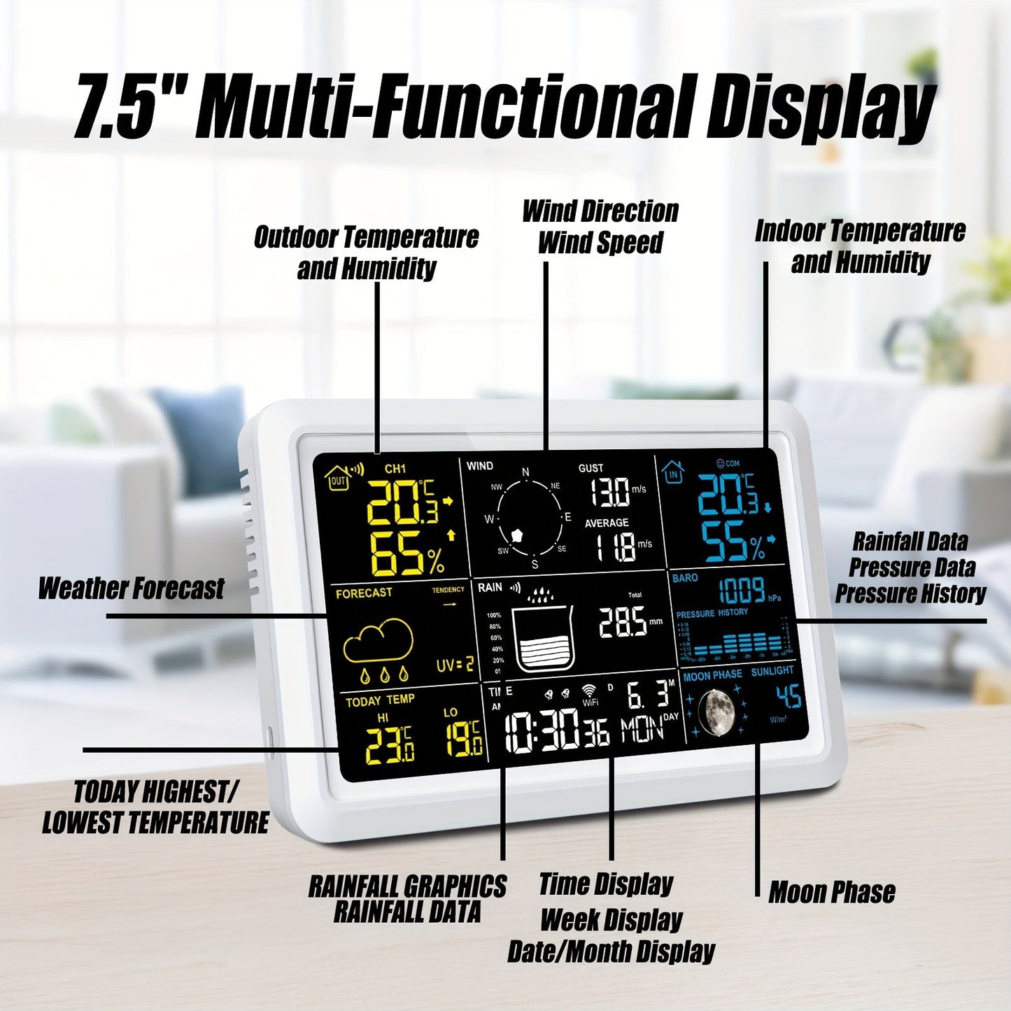 7-in-1 WiFi Weather Station with 7.5-Inch Color Display, Rain Collector, Wind Sensors and Tuya App