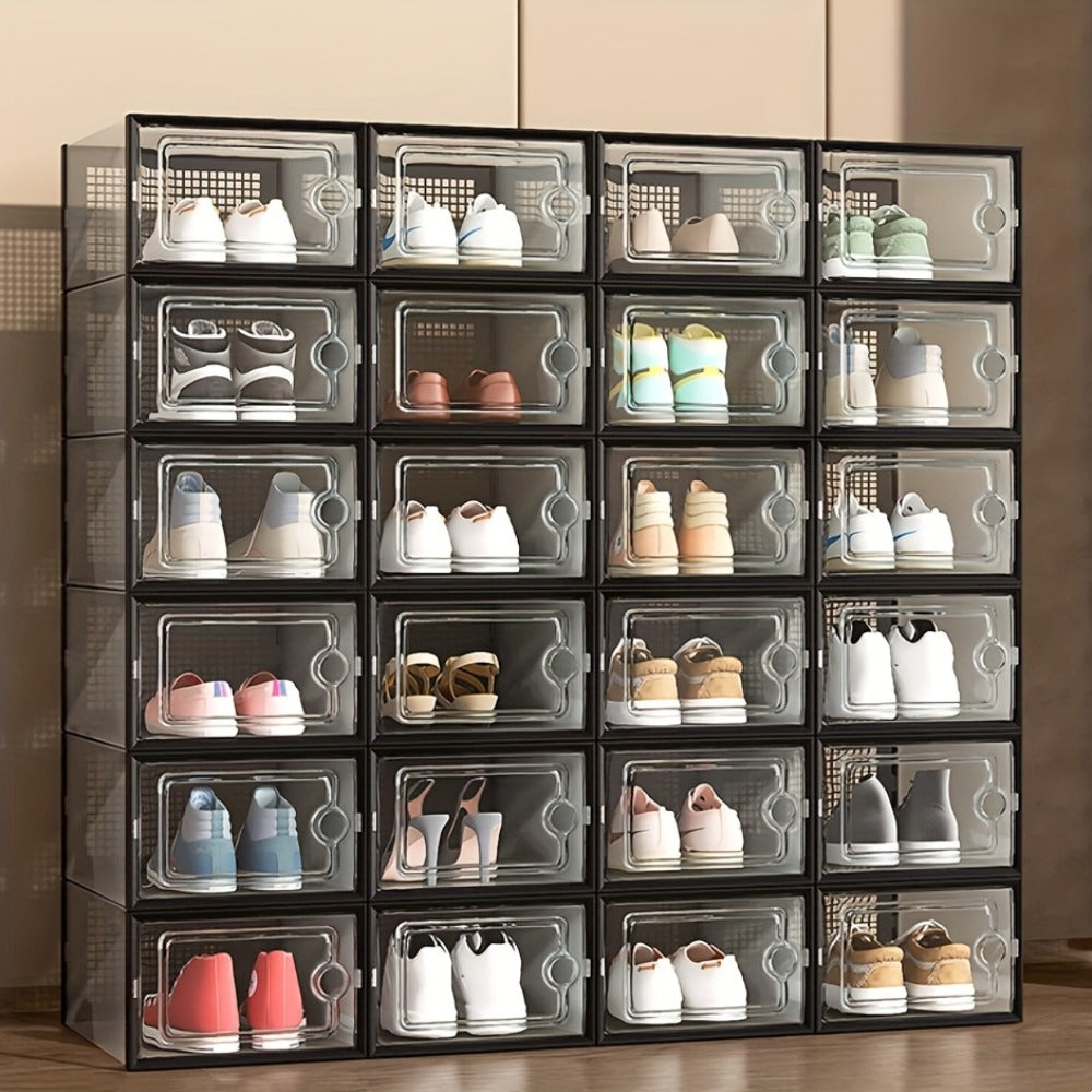 Transparent Stackable Shoe Boxes with Lid – Foldable Clear Sneaker Storage Organizer (6/24pcs)