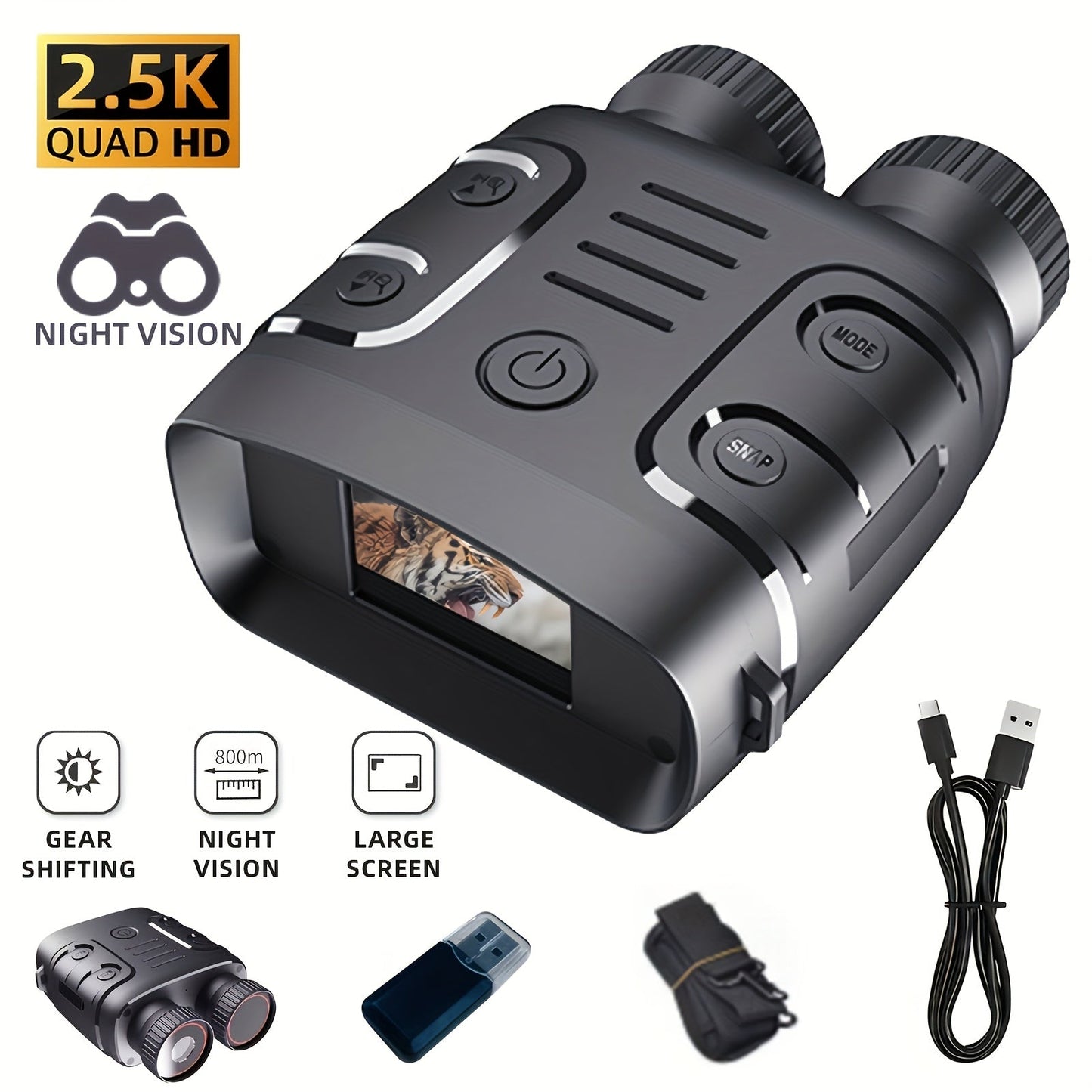 Infrared Night Vision Goggles HD 2.5K with 10X Zoom & CMOS Sensor – Full-Dark Visibility Binocular Scope for Hunting, Boating & Outdoor Adventures, Photo & Video Capture, Battery Powered