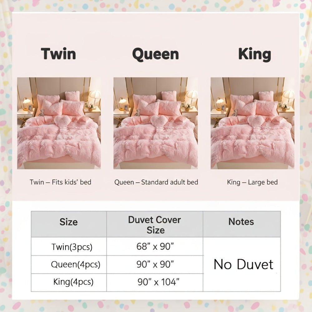 Plush Faux Fur Duvet Cover Set with Heart Pillow, Corner Ties and Twin, Queen or King Sizes in Eight Colors