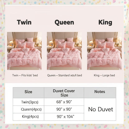 Plush Faux Fur Duvet Cover Set with Heart Pillow, Corner Ties and Twin, Queen or King Sizes in Eight Colors