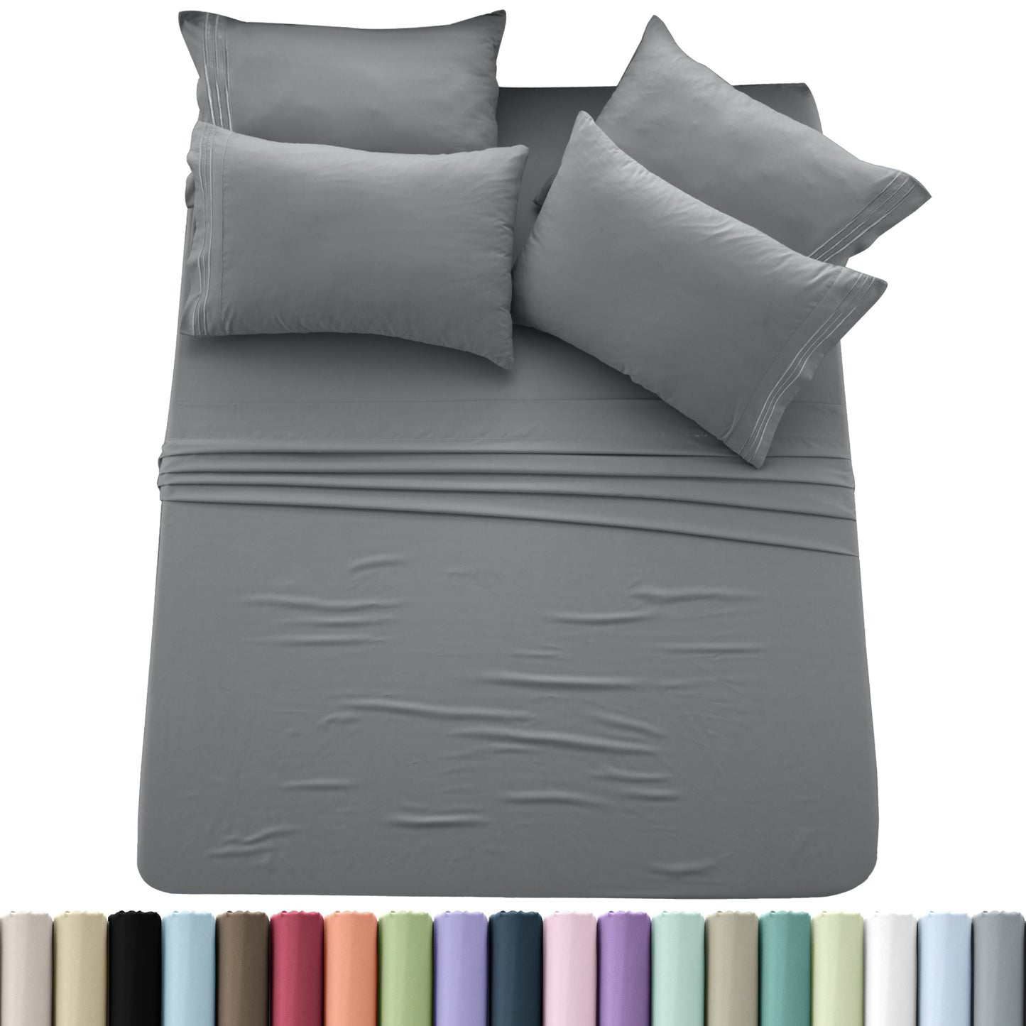 Sheet Set, Six-Piece Brushed Polyester Bedding with 16-Inch Fitted Pocket, Four Pillowcases and Twenty Colors
