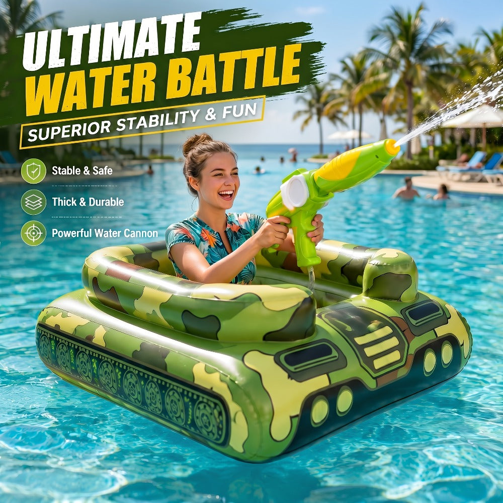 Ride-On Inflatable Pool Floats in Yellow Duck or 60-Inch Green Tank Styles with 16-Inch Beach Ball