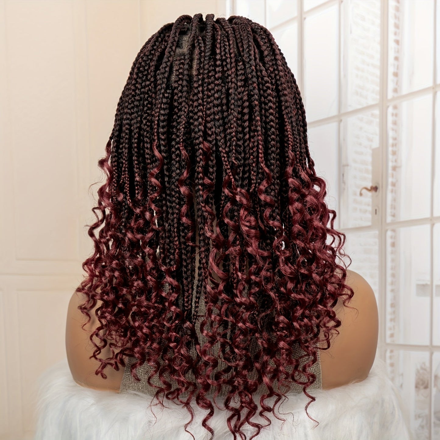 Goddess Braided Wig Knotless Bohemian Square Braid Full Lace Curly Wave 14-16 Inch Black Burgundy Brown Natural Hairline Protective Style Synthetic Wig for Women