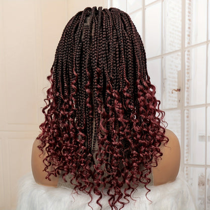 Goddess Braided Wig Knotless Bohemian Square Braid Full Lace Curly Wave 14-16 Inch Black Burgundy Brown Natural Hairline Protective Style Synthetic Wig for Women