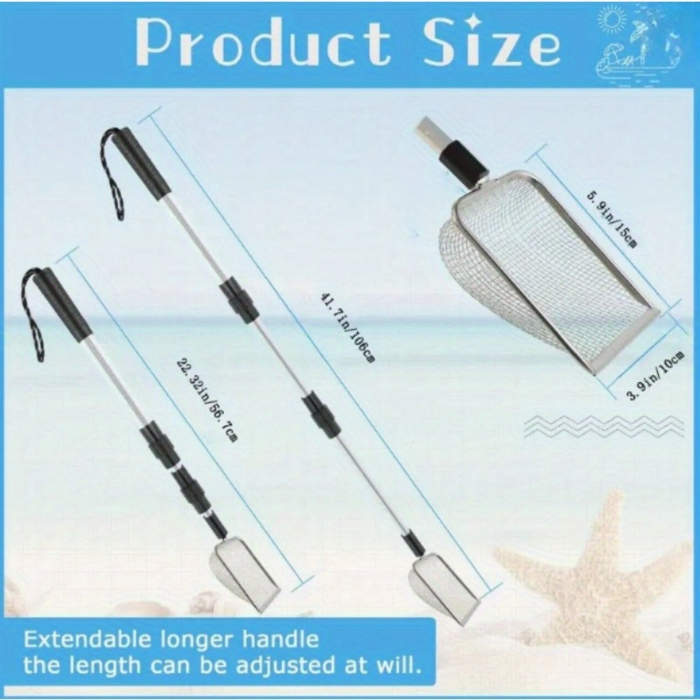 Telescopic Stainless Steel Beach Sand Sifter Scoop with Three-Section Handle, 1- or 2-Piece Options