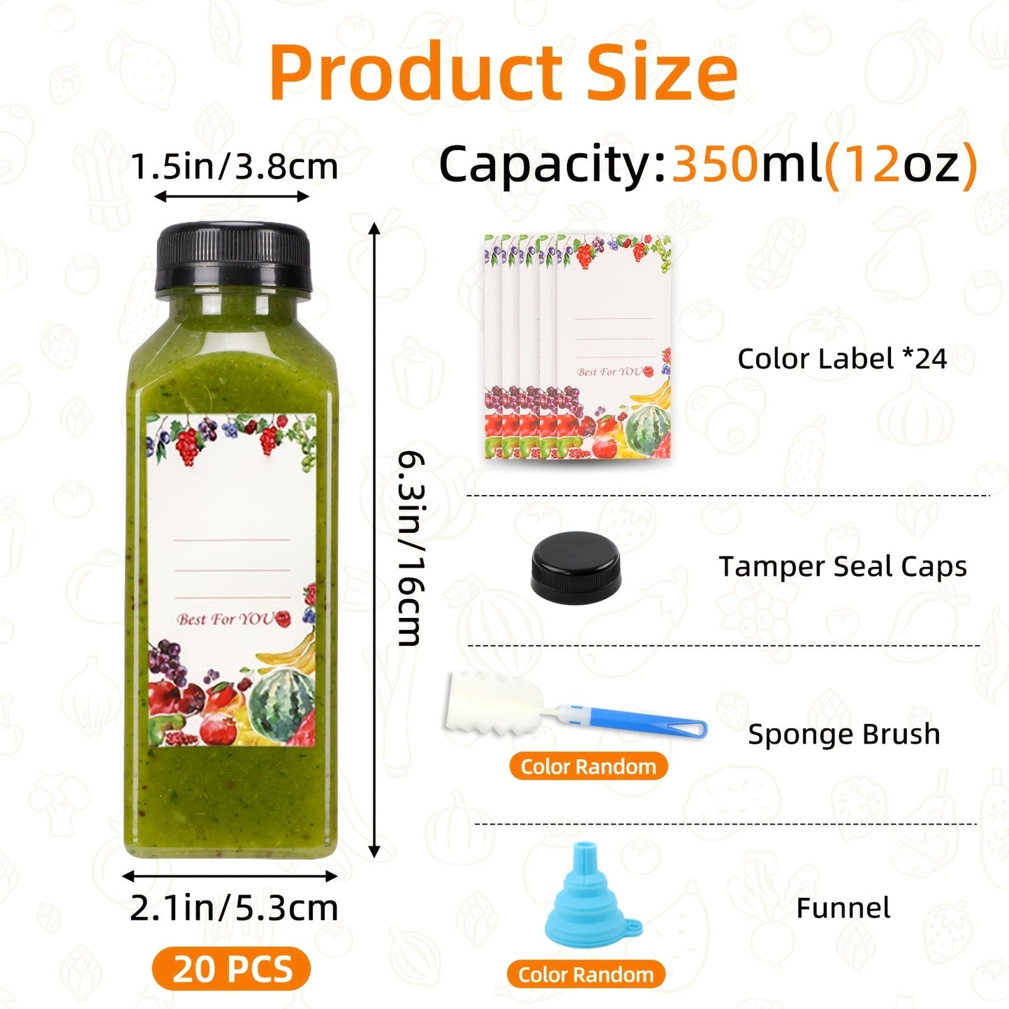Reusable Juice Bottle Set, Clear Plastic 12oz or 16oz Drink Containers with Lids, Funnel and Cleaning Brush