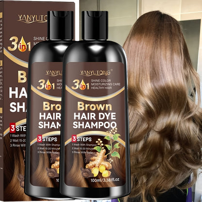 Brown Hair Dye Shampoo 2-Pack 3.38oz — Polygonum Multiflorum & Ginger Extract Covers Gray Hair, Deep Moisture Anti-Frizz Long-Lasting Natural Color, Plant-Based Unisex Hair Gift