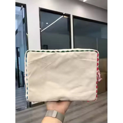 Beige Rectangular Cosmetic Bag with Colorful Edge Trim, Top Zipper and Protected Beige Bag Checkout Label