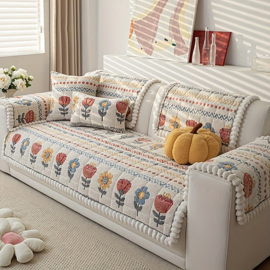 Sofa Cover Thick Milk Fleece Floral Quilted Panels with Ruffled Edge for 2, 3 or 4-Seater Sofas