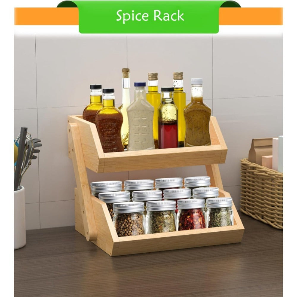 Fruit Rack Kitchen Organizer 2 or 3 Tier Natural Bamboo Freestanding Basket Shelf with Two Hooks