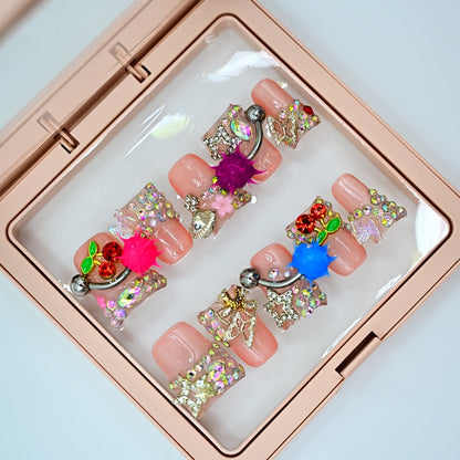 Press On Nails Handmade Y2K Duckbill Set with 3D Eye Barbell Star Rhinestone Charms and S M L Sizes