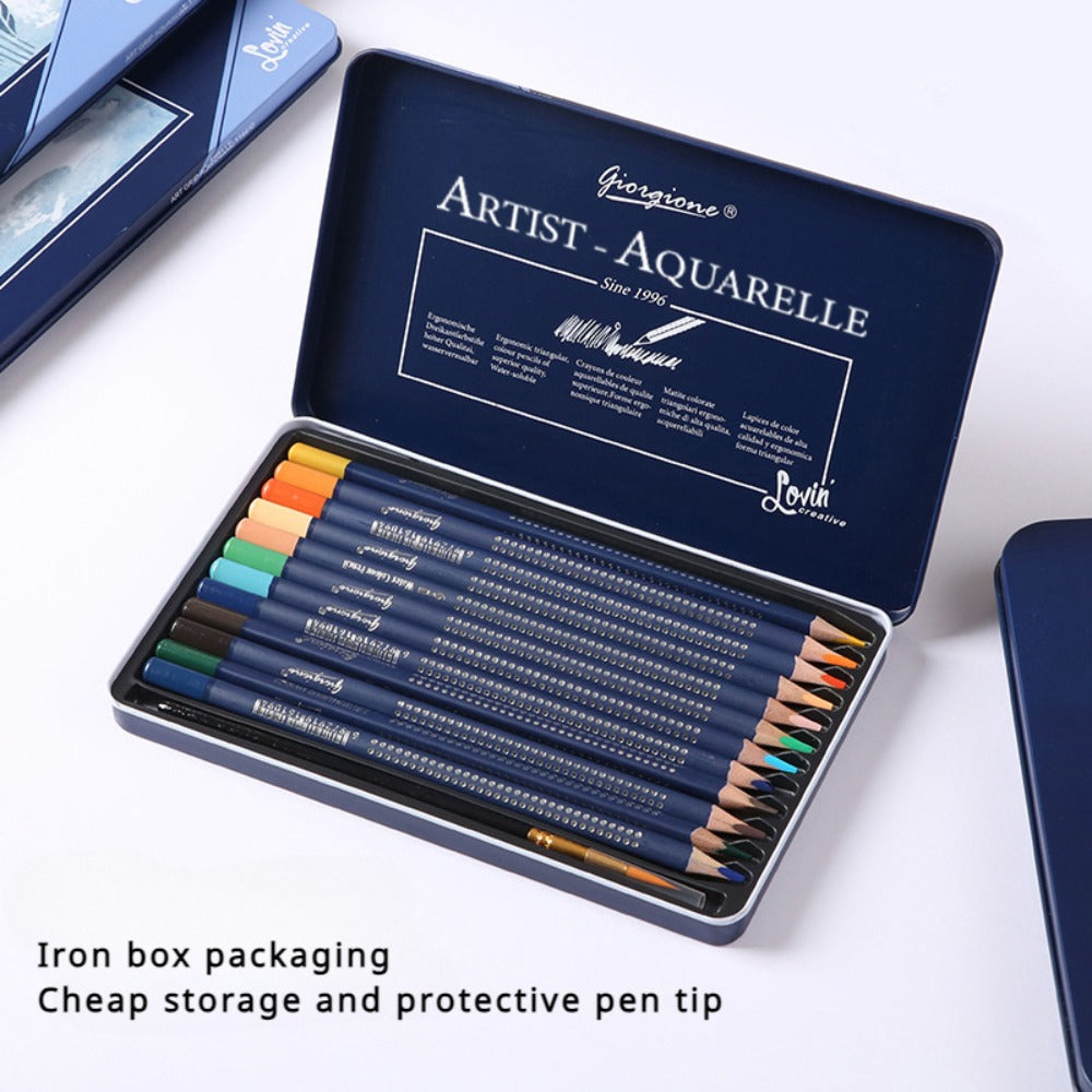 Water Soluble Colored Pencils 12 Colors Set – Triangular Barrel Watercolor Pencils for Kids Adults Artists Sketching Blending Drawing School Supplies Gift