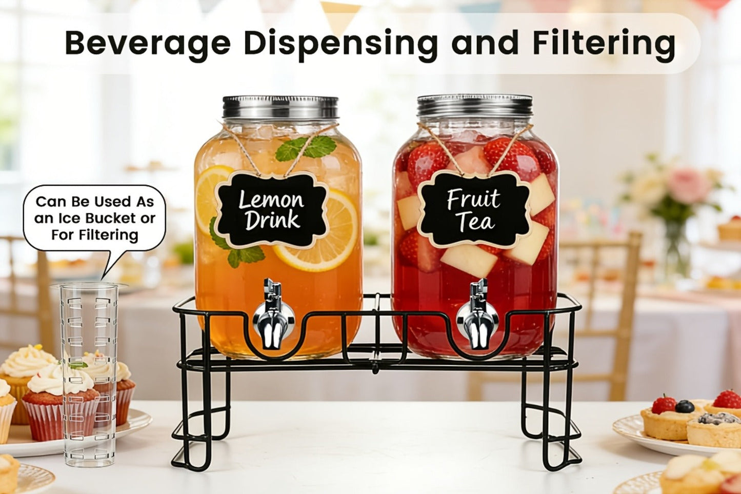 Two 1-Gallon Glass Beverage Dispensers with Spigots and Raised Metal Stand for Parties and Events