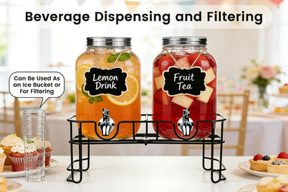Two 1-Gallon Glass Beverage Dispensers with Spigots and Raised Metal Stand for Parties and Events
