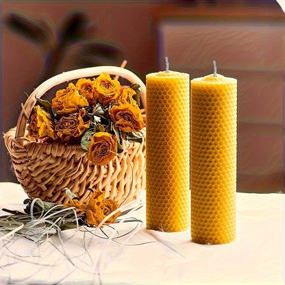 Beeswax Pillar Candles Hand Rolled with Honeycomb Texture – 100% Pure Beeswax, 12+ Hour Burn, Gift Box Set for Home Decor, Christmas, Dinner & Holiday Decorations