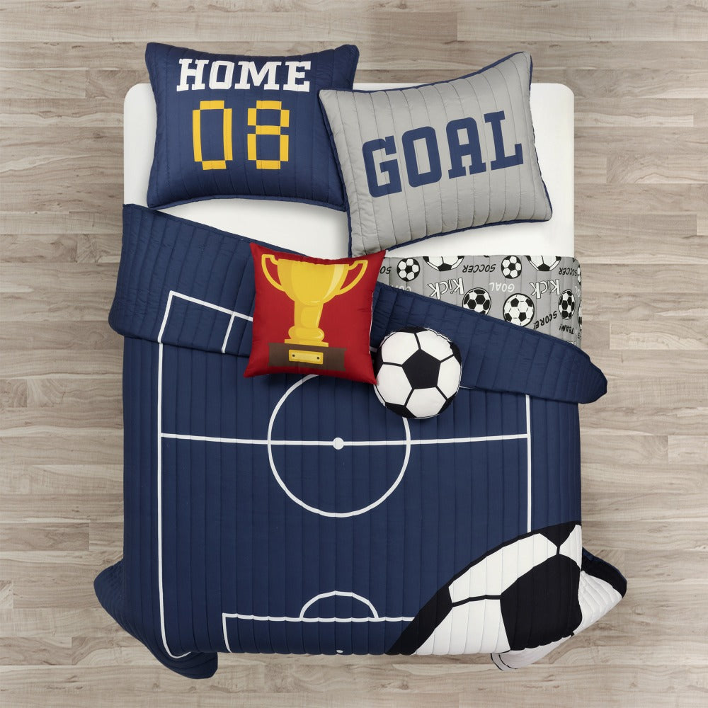 Soccer-Pattern Quilt Bedding Set in White or Navy with Twin and Full/Queen Checkout Size Options