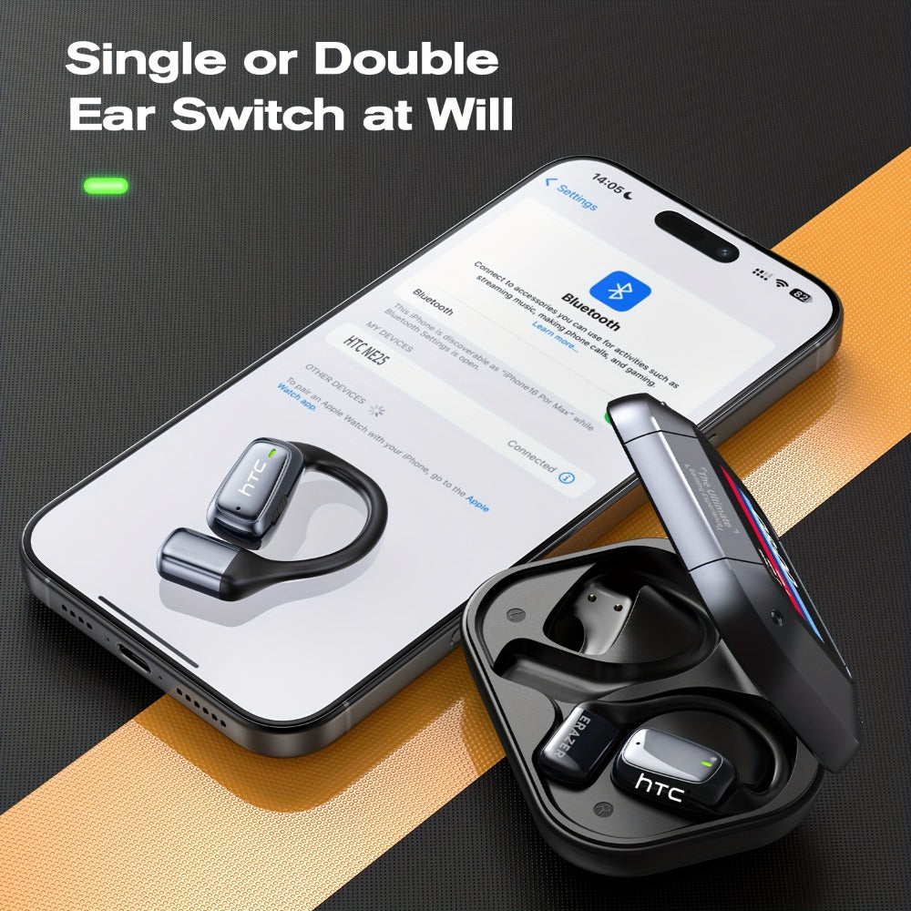 Open-Back Hi-Fi Gaming Earphones HTC NE25 AI Real-Time Translation 135 Languages LED Smart Screen Low Latency Long Battery Lightweight Wireless Headphones Black