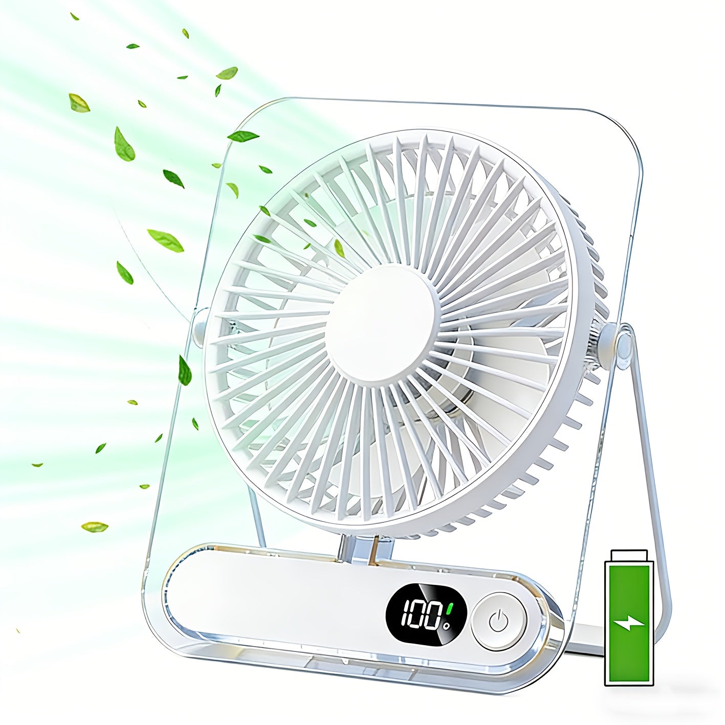 Folding Desk Fan with 3000mAh Battery, Five Settings, Numeric Display and White, Yellow or Green Finish