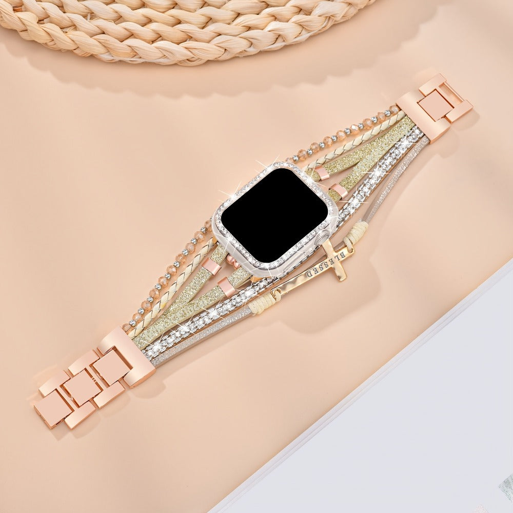 Boho Apple Watch Band 2-in-1 Bracelet & Protective Case for Women, Handmade Multilayer Wrap Strap with Glitter Bumper, Fits Apple Watch 38/40/41/42/44/45mm Series 9 8 7 6 5 4 3 2 1 SE – Sky Blue Pink Gold