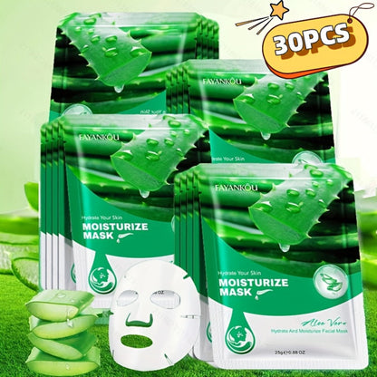Aloe Vera Sheet Mask 30-Pack with 25g Individual Pouches and Aloe Vera and Glycerin Labels