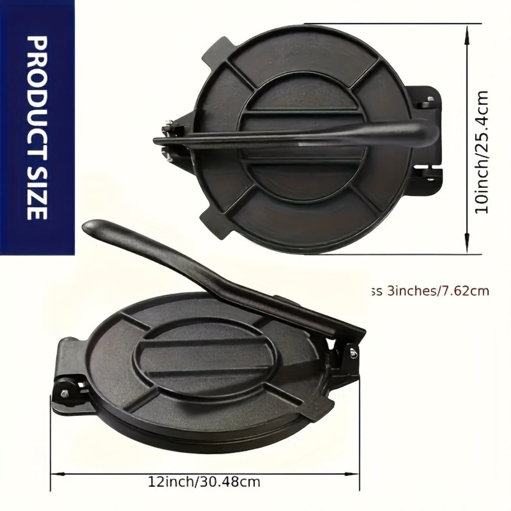 Manual Tortilla and Dough Press in 6.5- or 8-Inch Black Cast-Iron-Style Configurations for Flatbread Prep