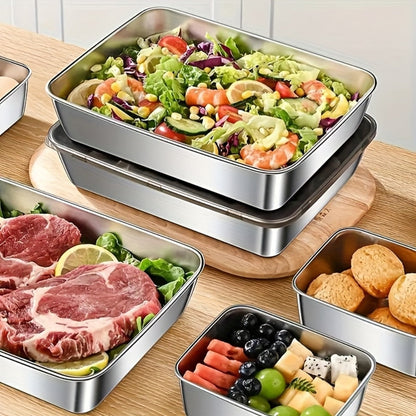 Food Storage Containers Five-Piece Stainless Steel Tray Set with Included Lids for Meal Prep and Refrigerator Use
