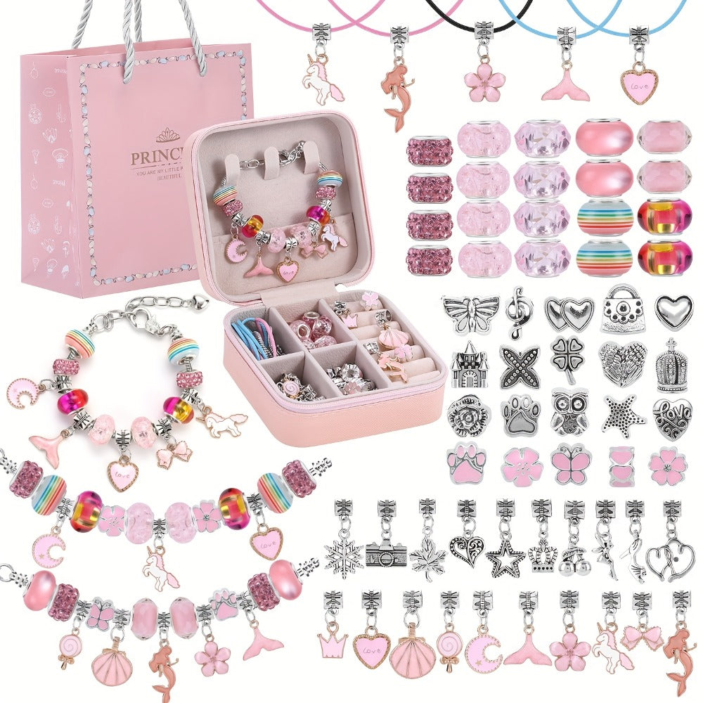 Bracelet Making Craft Kit with Portable Jewelry Box, Beads and Charms in Seven Color or Theme Options