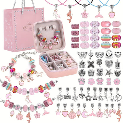 Bracelet Making Craft Kit with Portable Jewelry Box, Beads and Charms in Seven Color or Theme Options