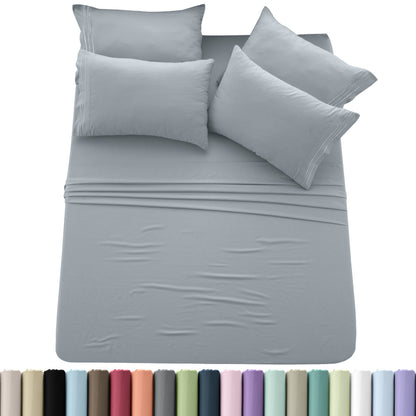 Sheet Set, Six-Piece Brushed Polyester Bedding with 16-Inch Fitted Pocket, Four Pillowcases and Twenty Colors