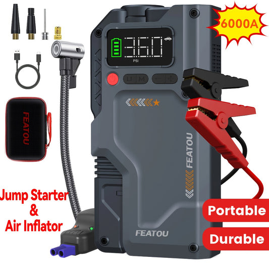 6000A/8000A Jump Starter with 150PSI Air Compressor – 7-in-1 Jump Box with Digital Tire Inflator, Portable Car Battery Charger for 12V Vehicles Up to 2.64gal Gas / 2.38gal Diesel, LED Light & USB Output