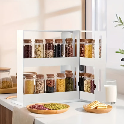 Two-Tier Rotating White Cabinet Organizer with Pull-Out Turntable Shelves for Spice and Pantry Storage